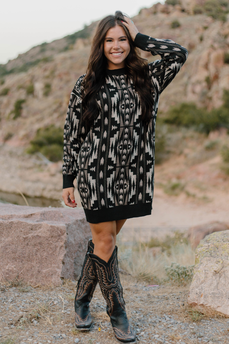 Aztec Jumper Dress MONSOON SIZE UK MEDIUM BLACK GREY AZTEC FAIRISLE KNIT 3/4 SLEEVE Aztec Jumper Dress MONSOON SIZE UK MEDIUM BLACK GREY AZTEC FAIRISLE KNIT 3/4 SLEEVE
