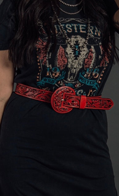 The Border Tooled Belt - Red