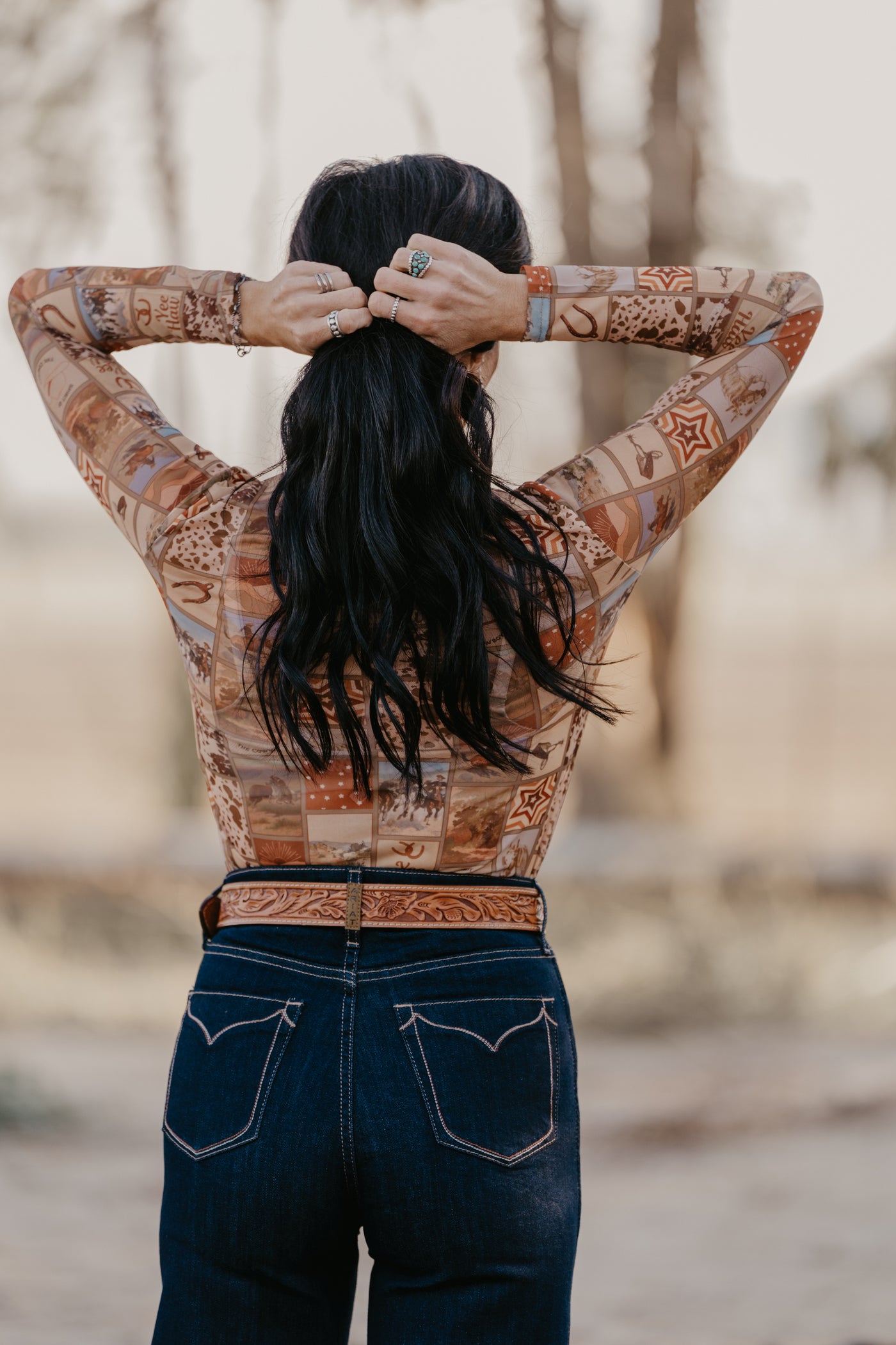 Western Collage Mesh Top