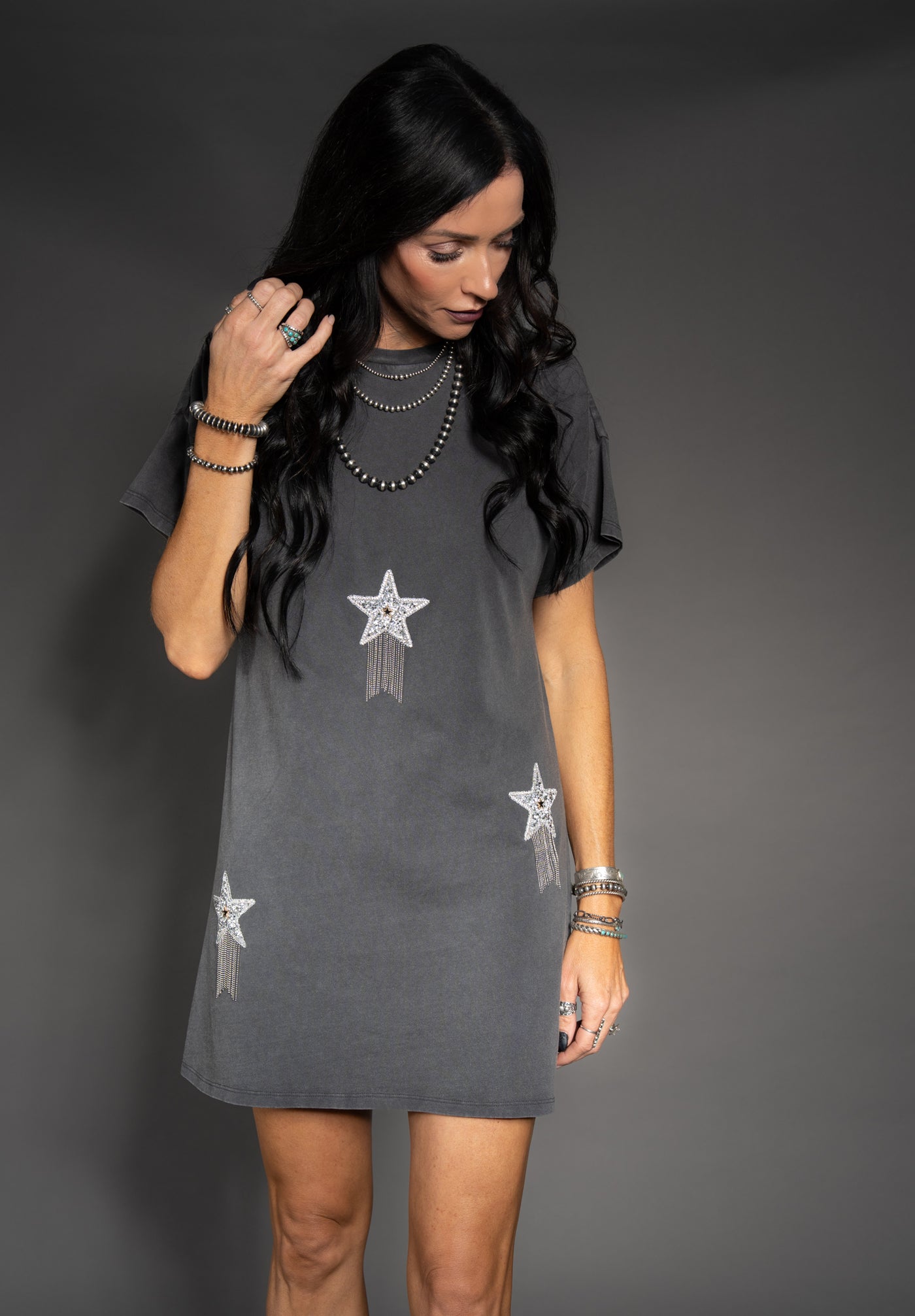 charcoal grey t shirt dress V Neck 'Colorado' Graphic Print Side Split Detail Oversized T-Shirt Dress In Charcoal Acid Wash | EGO US