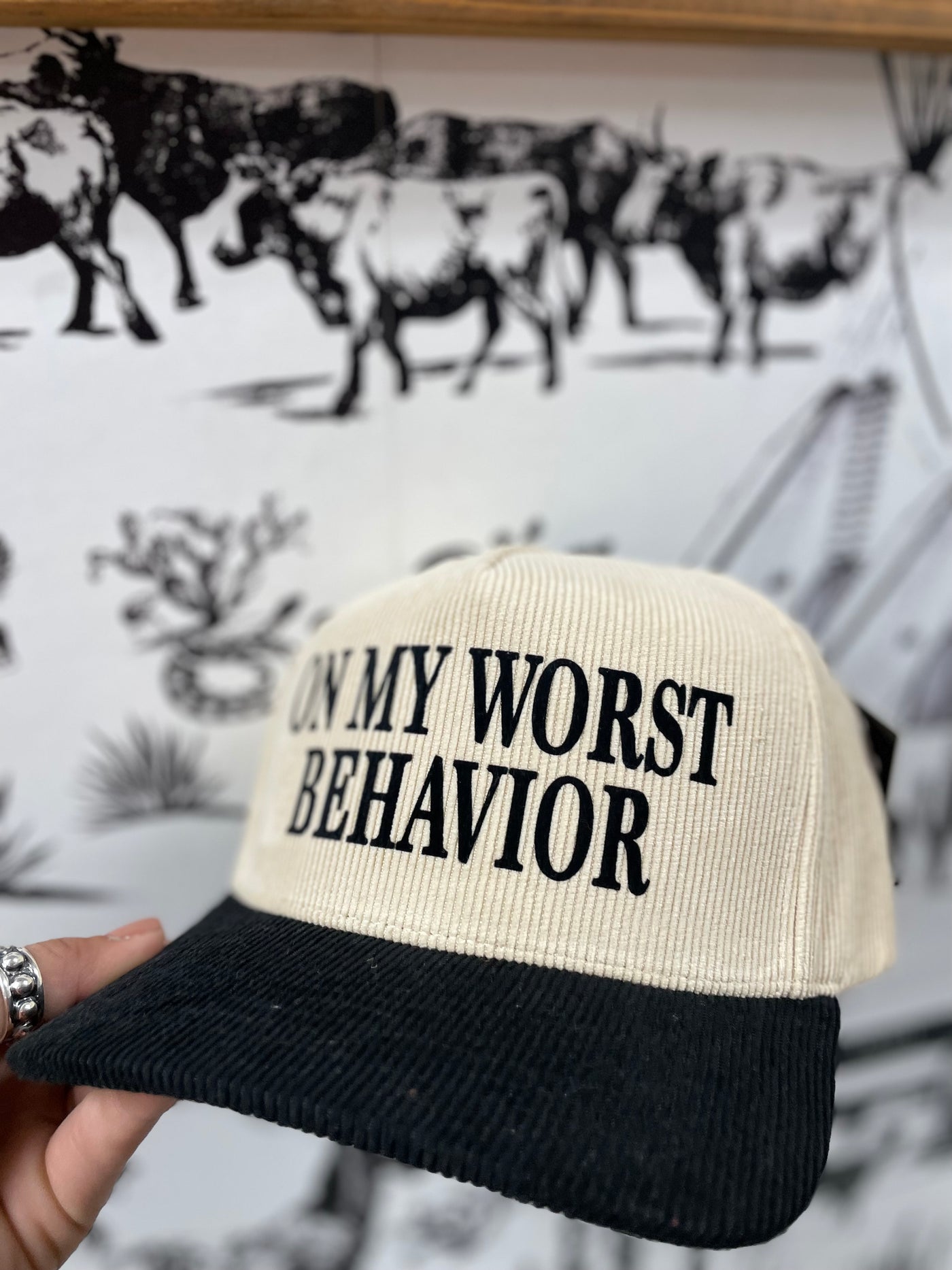 Worst Behavior Corduroy Ball Cap - Cream & Black