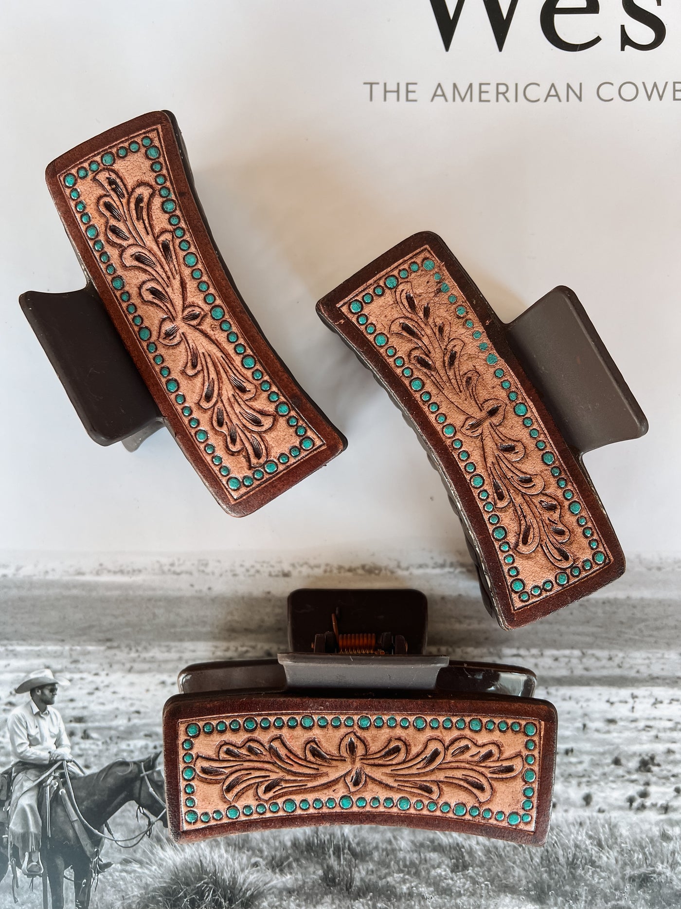 Turquoise Border Leather Claw Clip