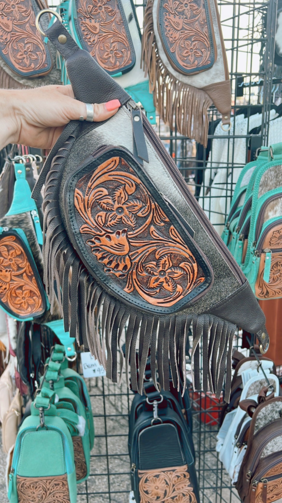 Tooled Cow Babe Fanny Pack - Brown Fringe