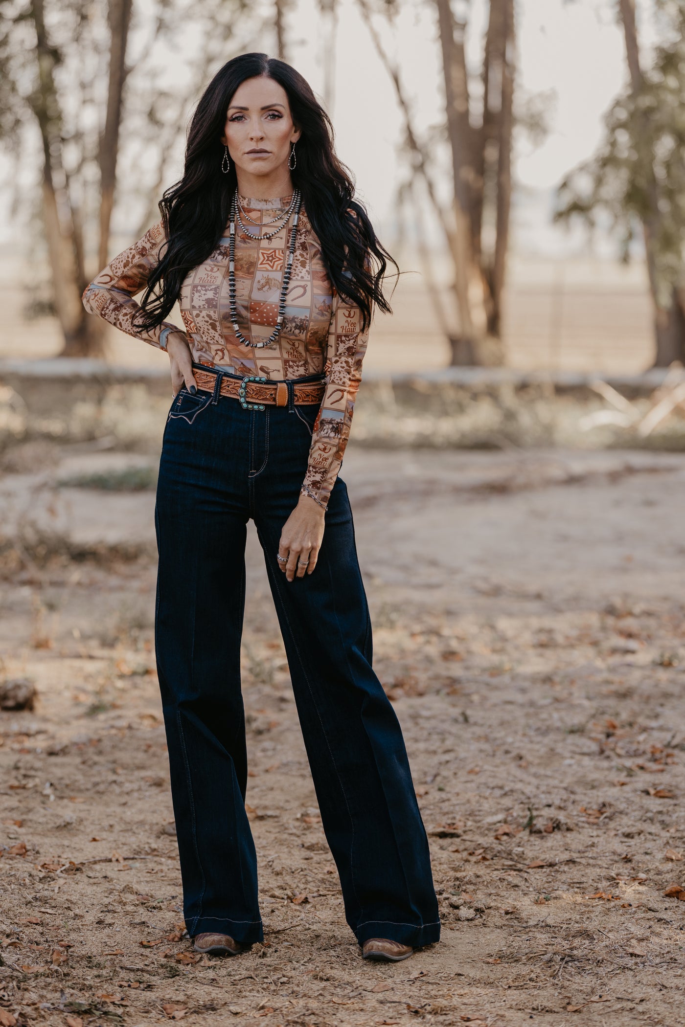 Western Collage Mesh Top