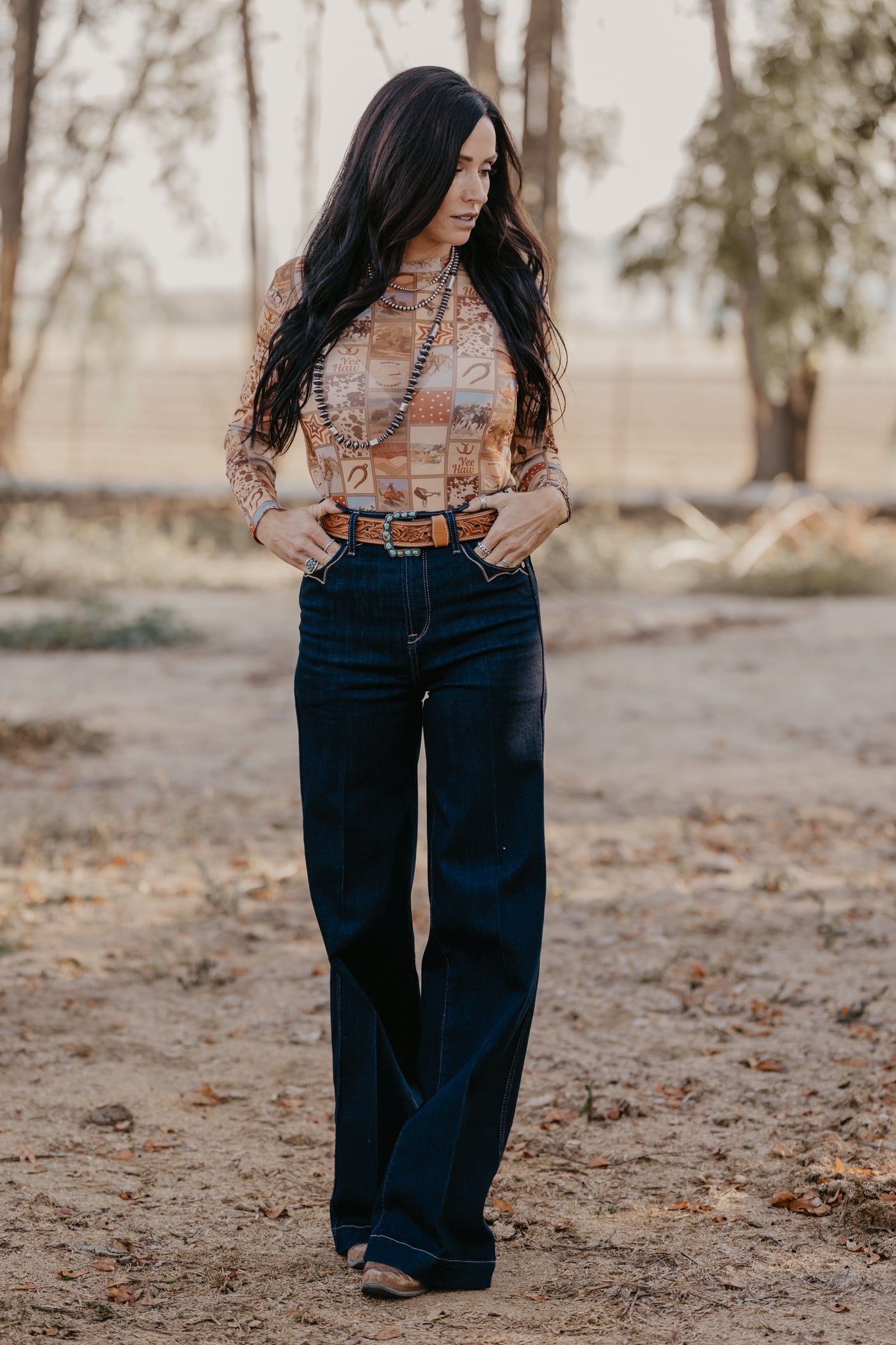 Western Collage Mesh Top