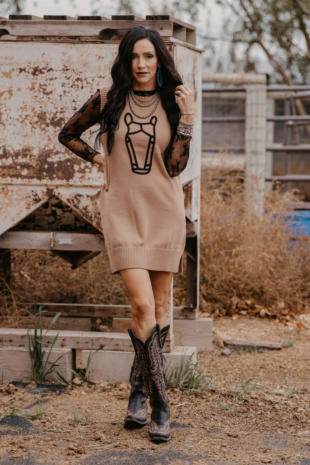 sweater dress with cowboy boots Maude Horse Sweater Dress