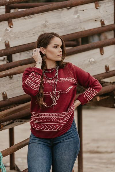 The Longhorn Ranch Sweater - Wine