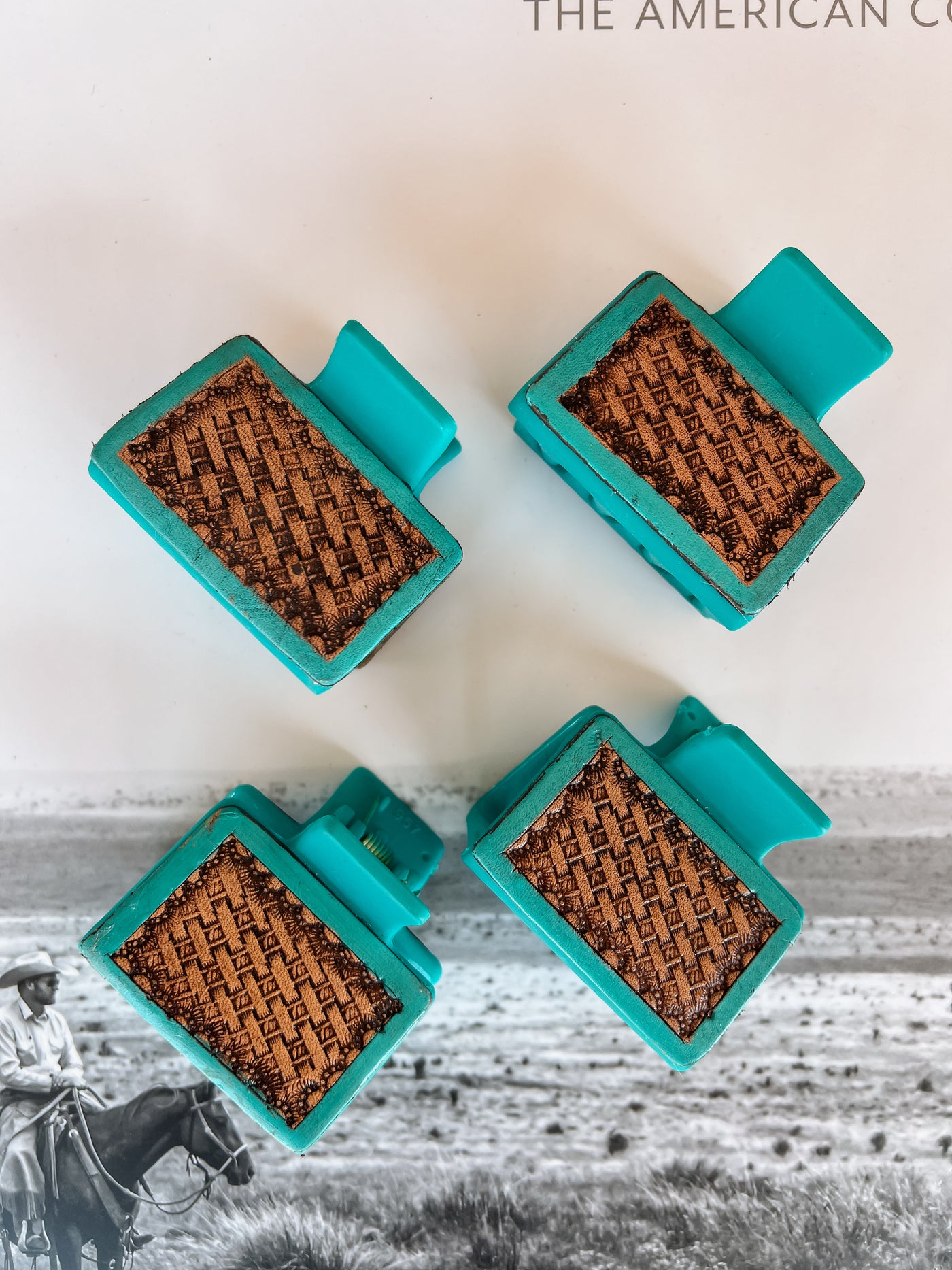 Mini Leather Claw Clip - Turquoise Basket Stamp