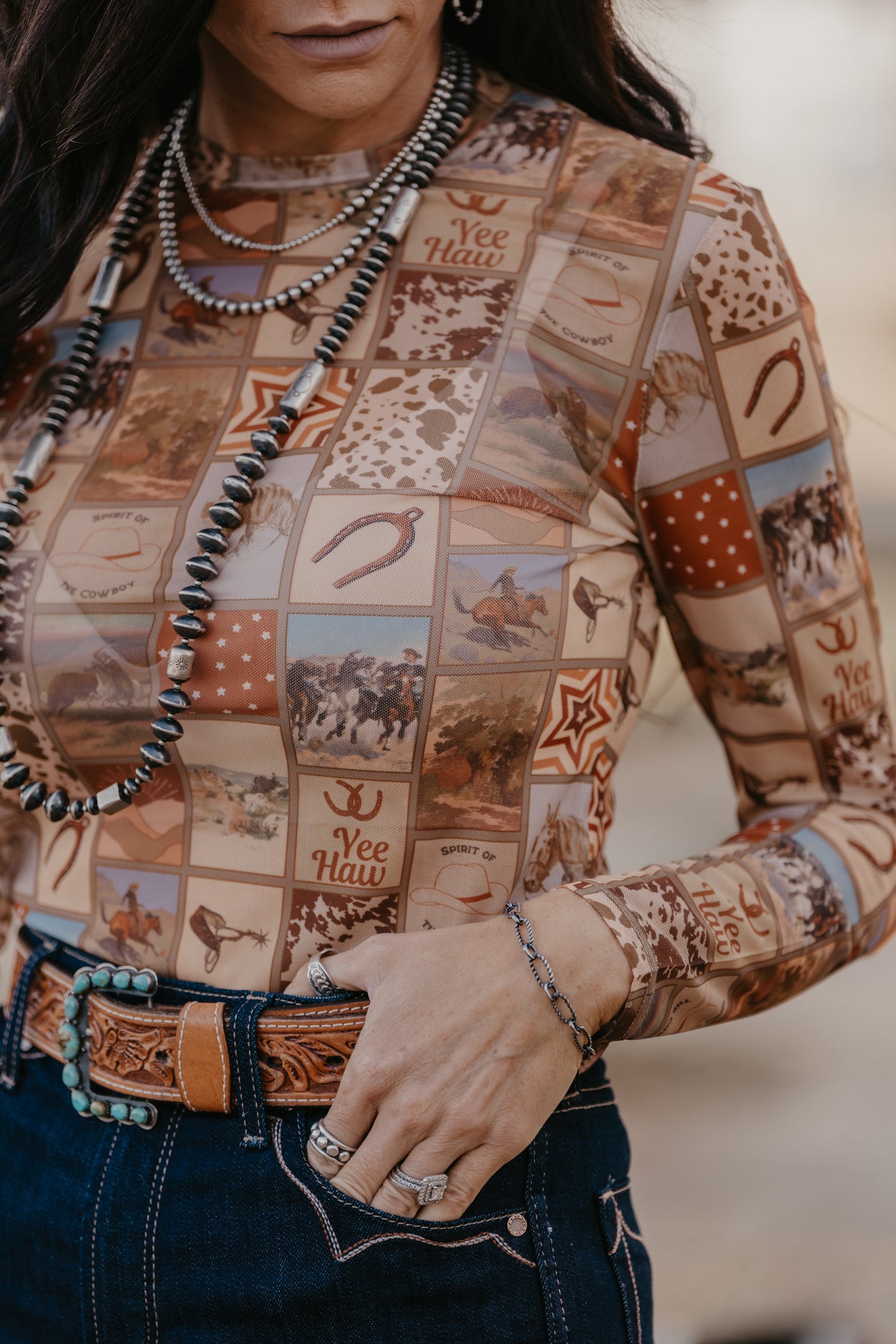 Western Collage Mesh Top