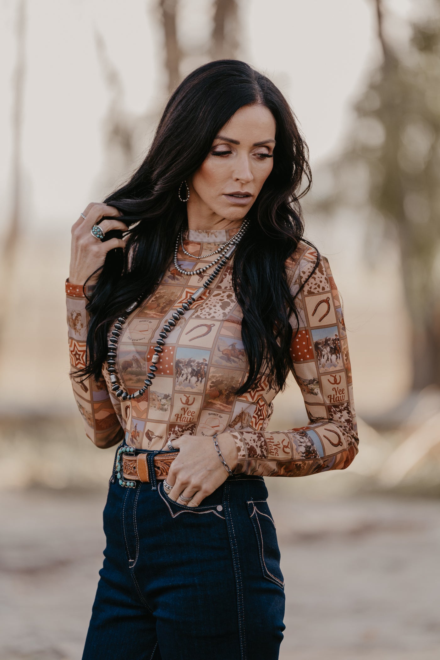 Western Collage Mesh Top