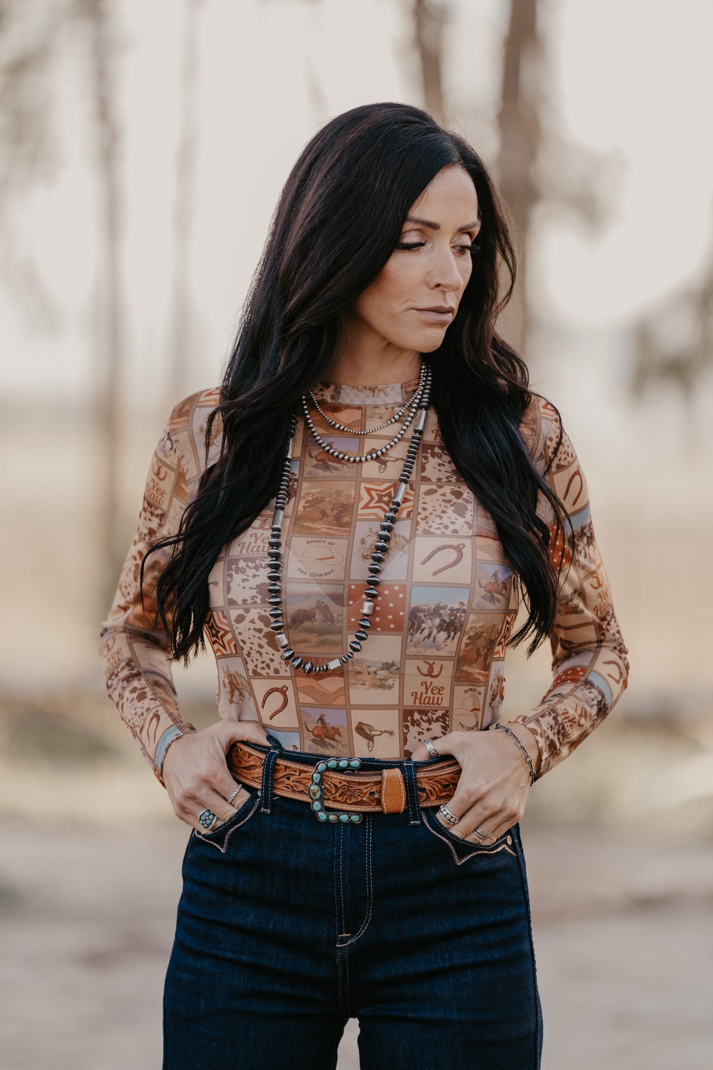 Western Collage Mesh Top