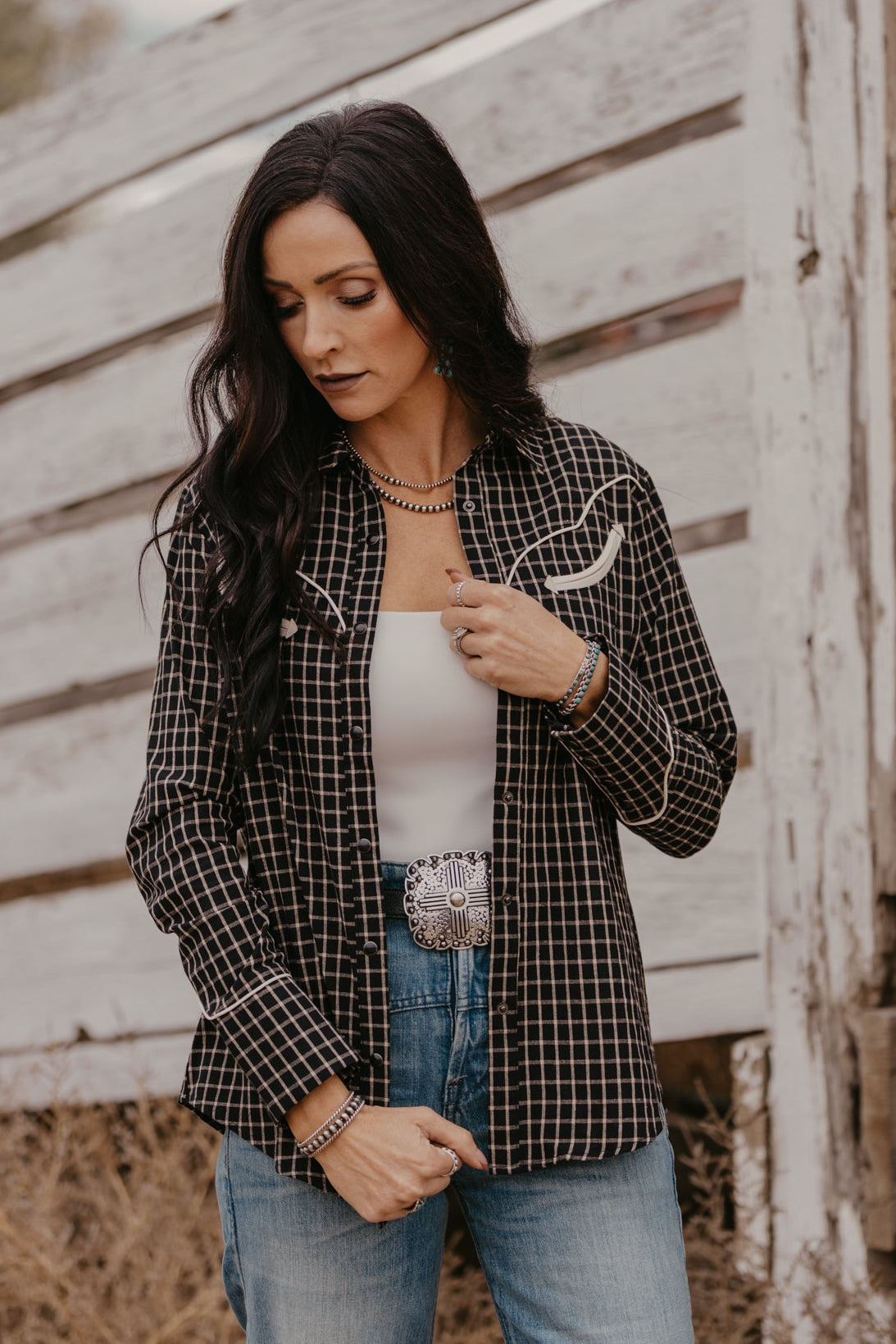 Sandra Plaid Pearl Snap Top