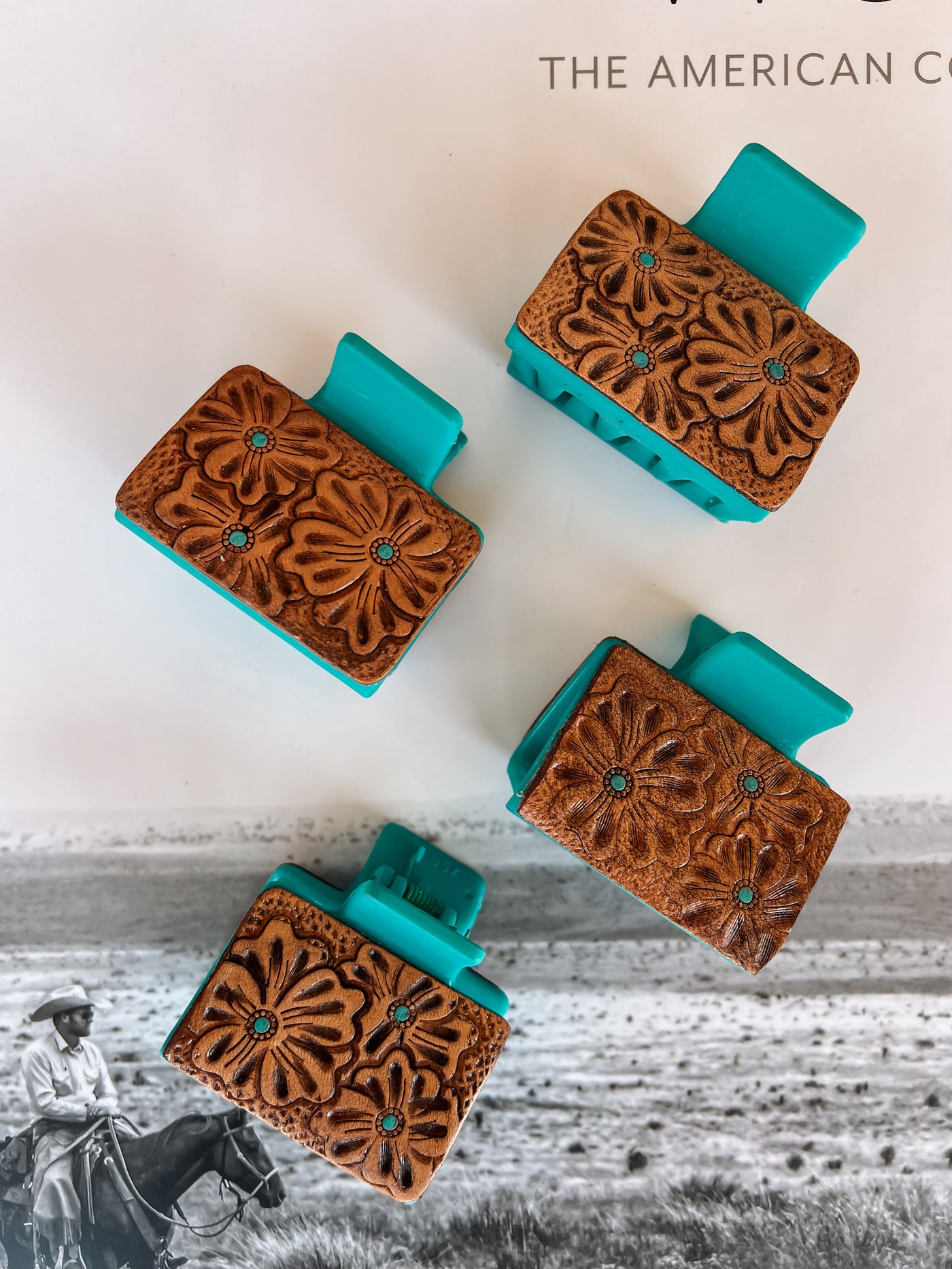 Mini Leather Claw Clip - Floral Turquoise