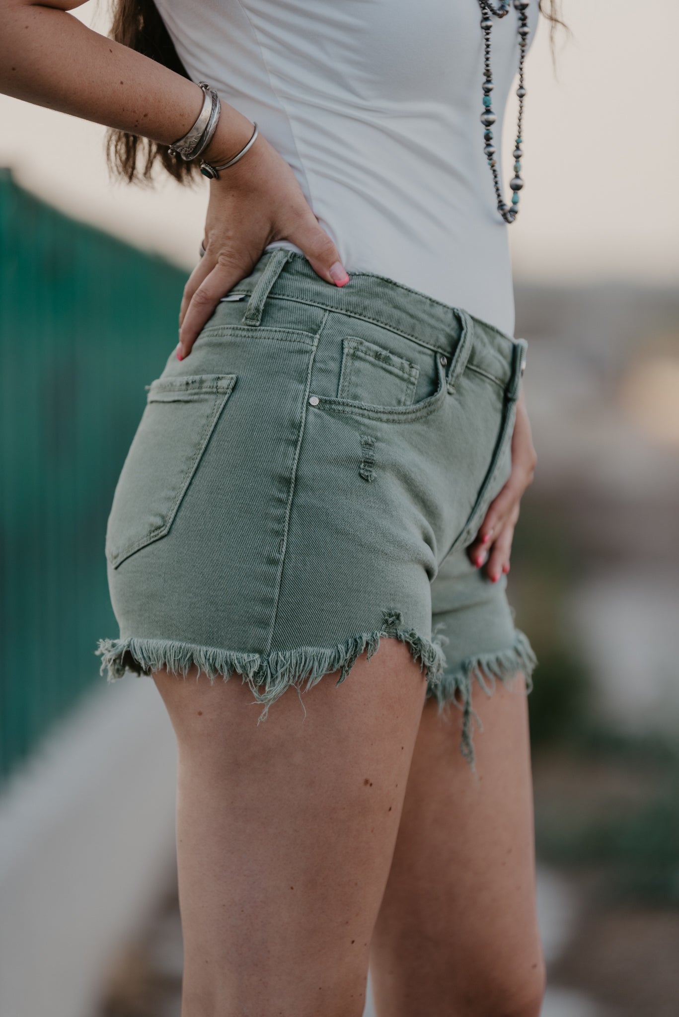 The Ozark Distressed Denim Shorts - Olive