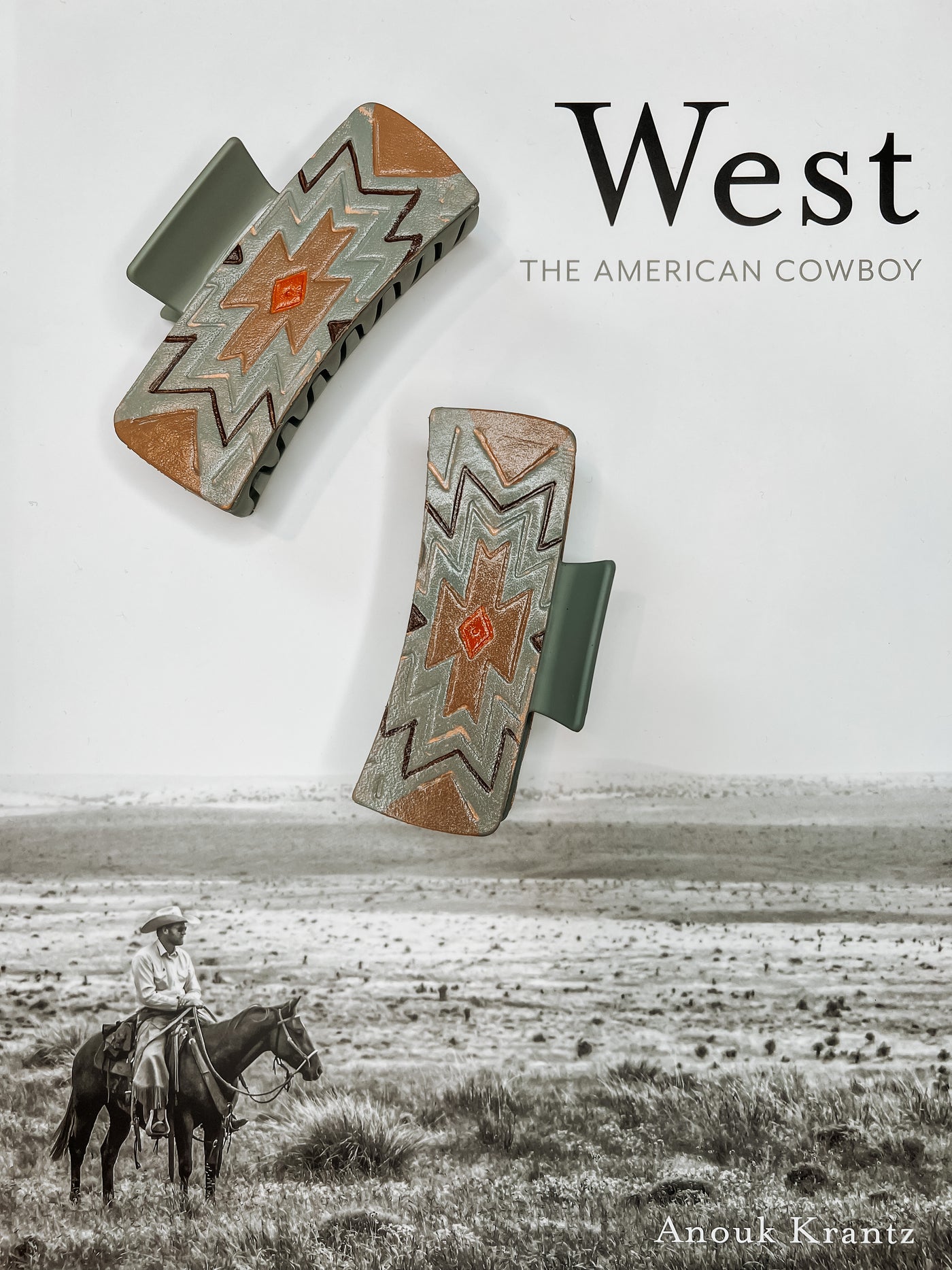 Western Leather Claw Clip - Grey Aztec