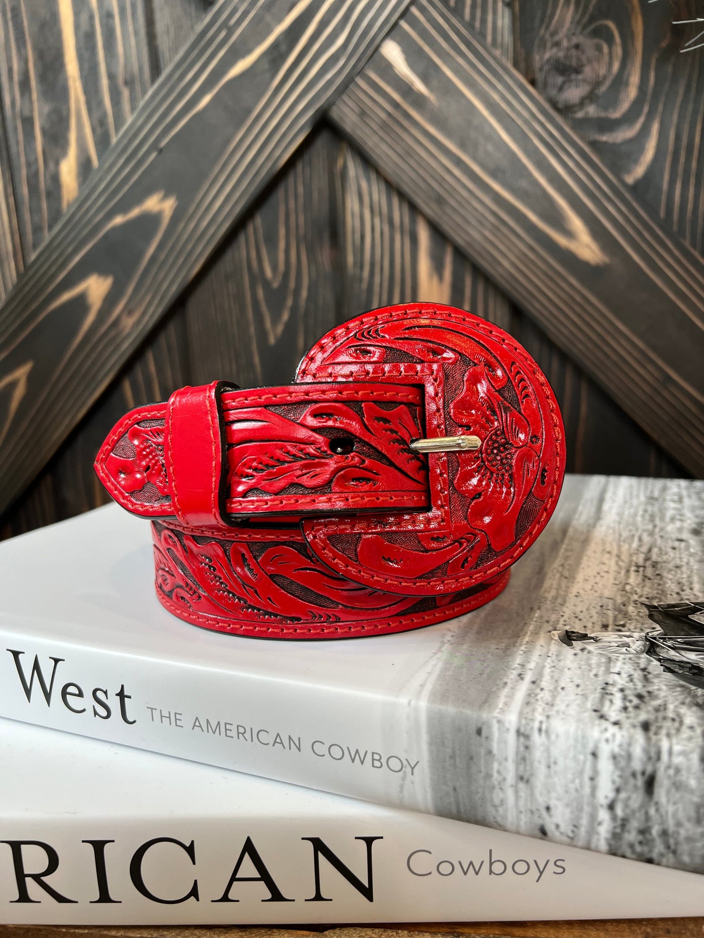 The Border Tooled Belt - Red